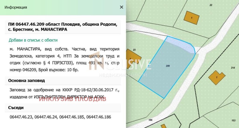 Продава ПАРЦЕЛ в област Пловдив, с. Брестник - 491 кв.м / 28 000 € » 54 763.24 лв., ИНКЛУЗИВ ПЛОВДИВ