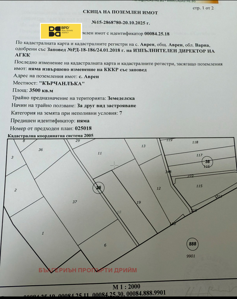 Продава ПАРЦЕЛ в област Варна, с. Аврен - 3110 кв.м / 31 000 € » 60 630.73 лв., БЪЛГЕРИЪН ПРОПЪРТИ ДРИЙМ
