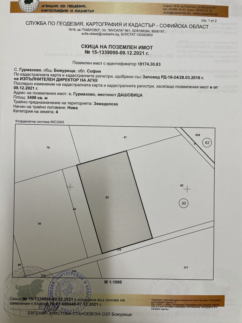 Продава ЗЕМЕДЕЛСКА ЗЕМЯ, с. Гурмазово, област София област