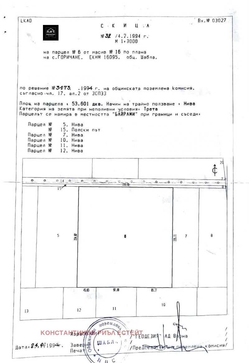 Продава ЗЕМЕДЕЛСКА ЗЕМЯ в област Добрич, с. Горичане - 53 дка / 111 300 € » 217 683.88 лв., КОНСТАНТИНОВ РИЪЛ ЕСТЕЙТ