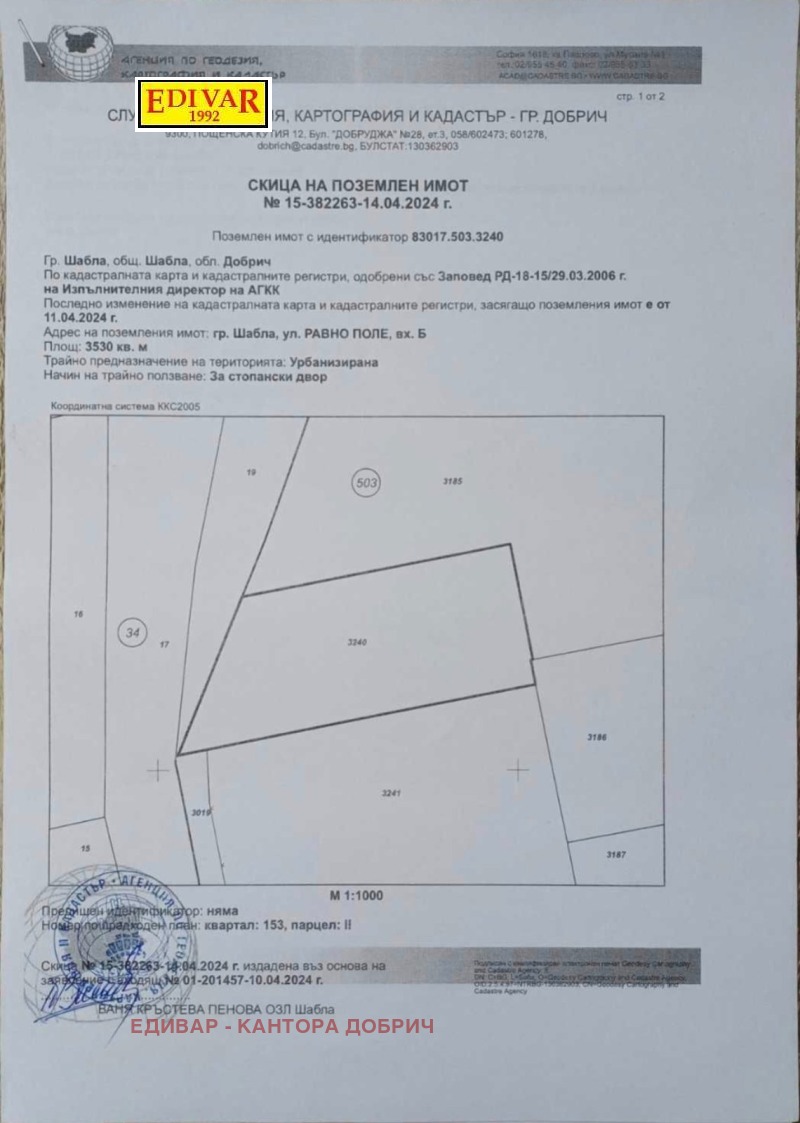 Продава ПАРЦЕЛ в област Добрич, гр. Шабла - 3530 кв.м / 78 000 € » 152 554.74 лв., ЕДИВАР - КАНТОРА ДОБРИЧ