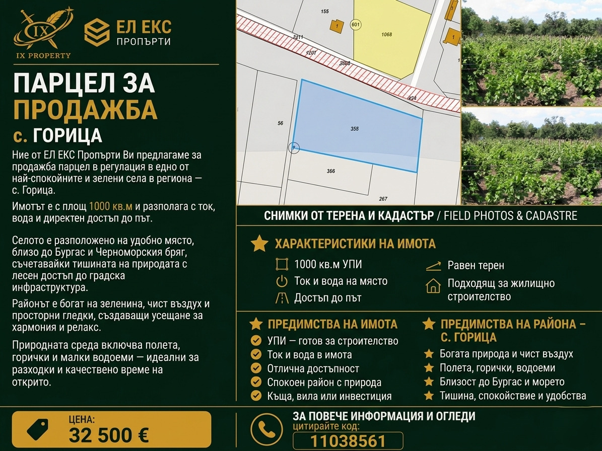 Продава ПАРЦЕЛ, с. Горица, област Бургас