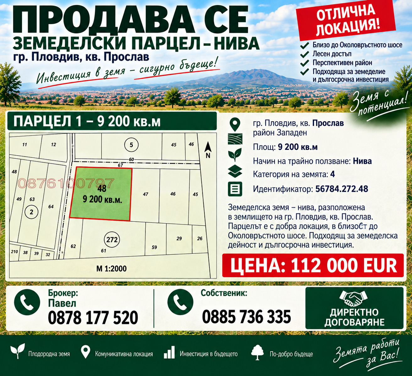 Продава ПАРЦЕЛ, гр. Пловдив, Прослав