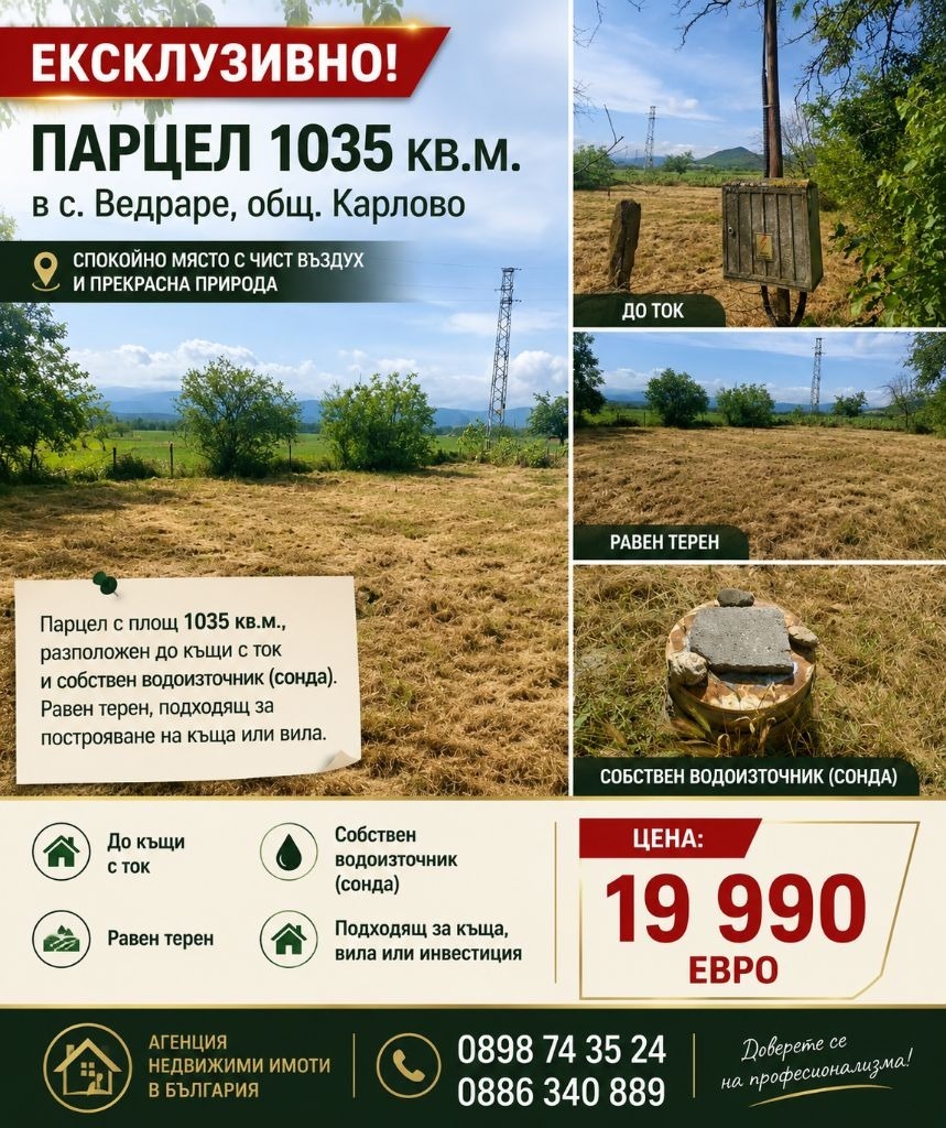 Продава ПАРЦЕЛ, с. Ведраре, област Пловдив, снимка 3 - Парцели - 54780011
