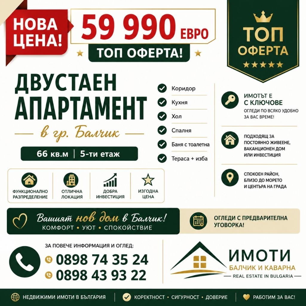 Продава 2-СТАЕН, гр. Балчик, област Добрич