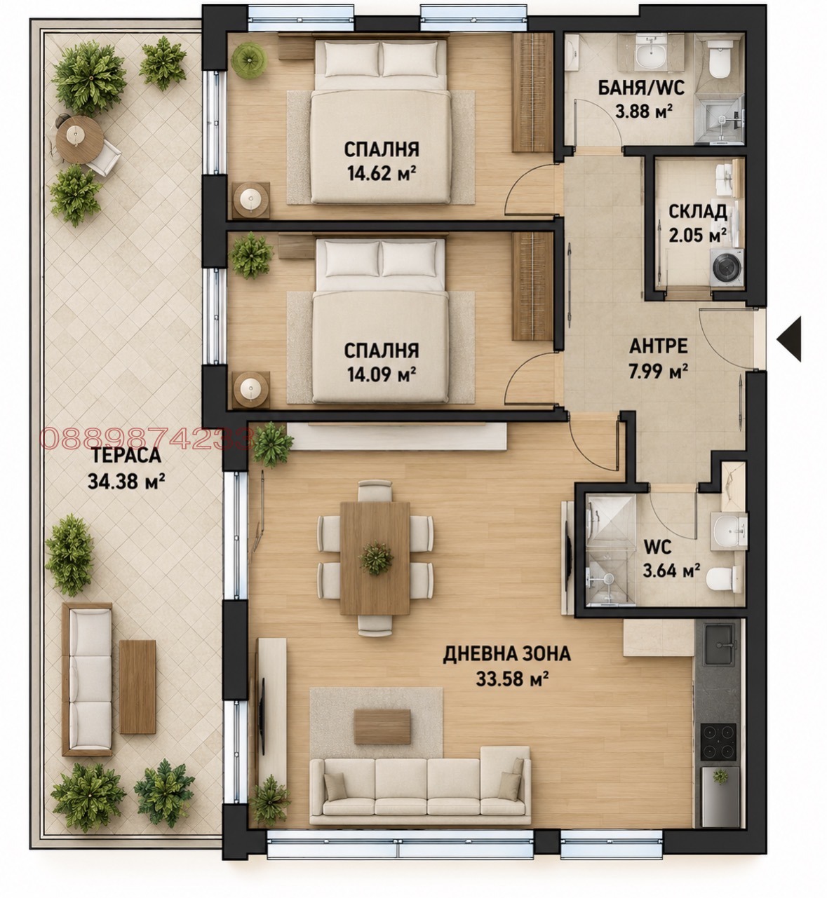 Продава 3-СТАЕН, гр. Пловдив, Беломорски, снимка 2 - Апартаменти - 56642186