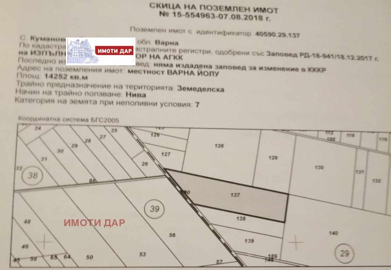 Продава ПАРЦЕЛ в област Варна, с. Куманово - 14252 кв.м / 29 143.64 € » 57 000 лв., ИМОТИ ДАР