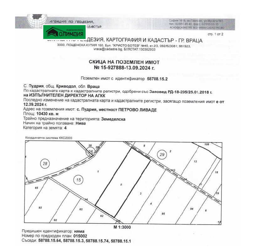 Продава ЗЕМЕДЕЛСКА ЗЕМЯ, с. Пудрия, област Враца