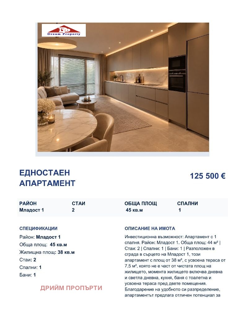 Продава 1-СТАЕН, гр. София, Младост 1