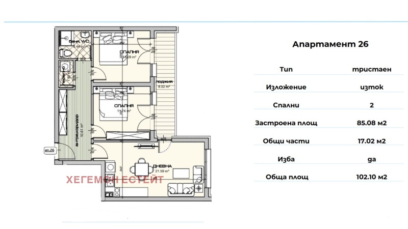 Продава 3-СТАЕН в град Варна, Владислав Варненчик 1 - 102 кв.м / 125 000 € » 244 478.75 лв., ХЕГЕМОН ЕСТЕЙТ